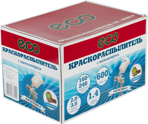 Фото Краскораспылитель ECO SG-97H14 с манометром (HVLP, сопло ф 1.4мм, верх. бак 600мл)